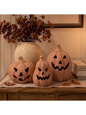 Set of 3 Terracotta Pumpkins for Fall Decor - Outdoor Autumn Decoration, Orange